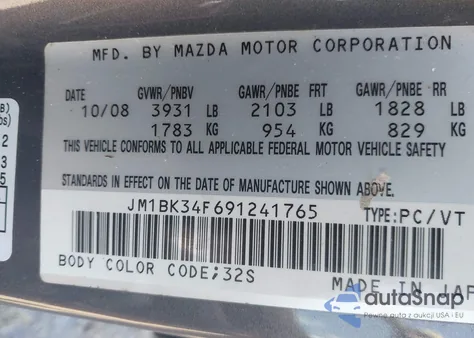 2009 Mazda Mazda3 Gx из США, поврежденный, VIN JM1BK34F691241765